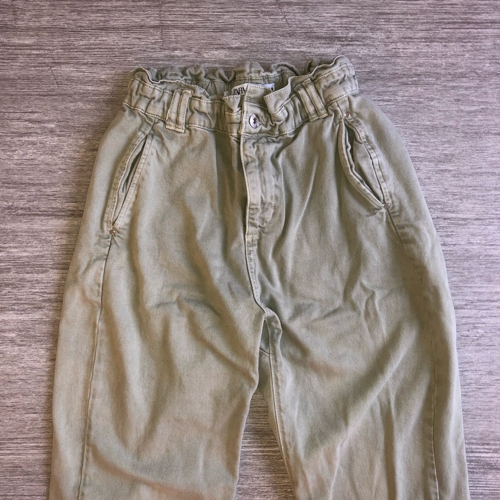 Zara Olive Green Paperbag Waist Jeans
